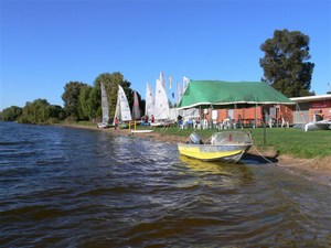 Rescue boat and marquee, Lake Boga, Easter Regatta